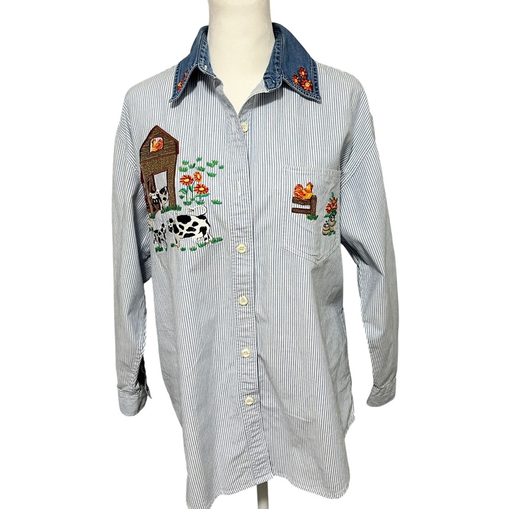Vintage 90s Solutions Original Embroidered Farm Animal‎ Striped Cotton Shirt Med